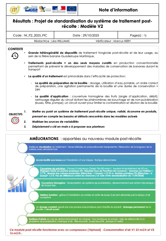 Projet de standardisation du système de traitement post récolte : Modèle V2