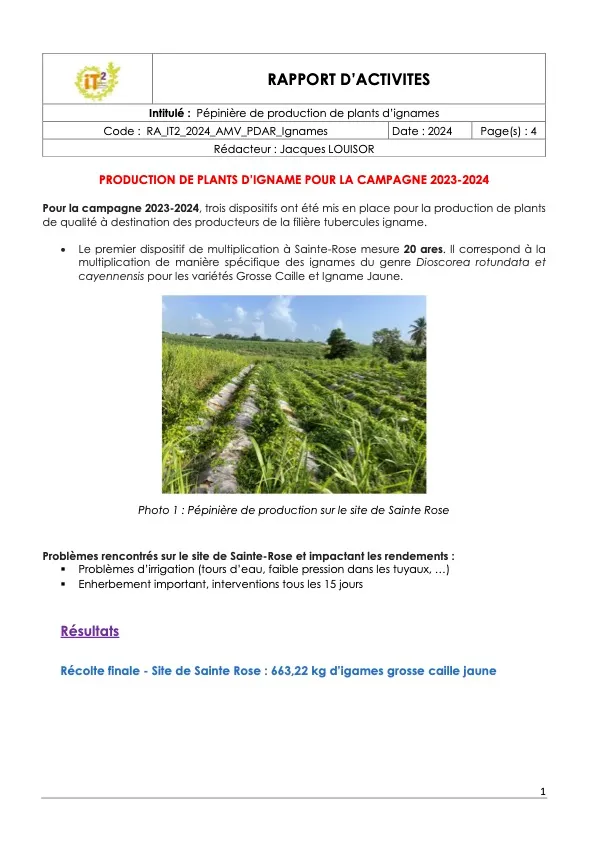 Rapport d’activité 2022 – Production de plants d’igname (DOC_IT2_2023_PDAR-2023_Rapport-dactivite-production-plants-dignames-2022)