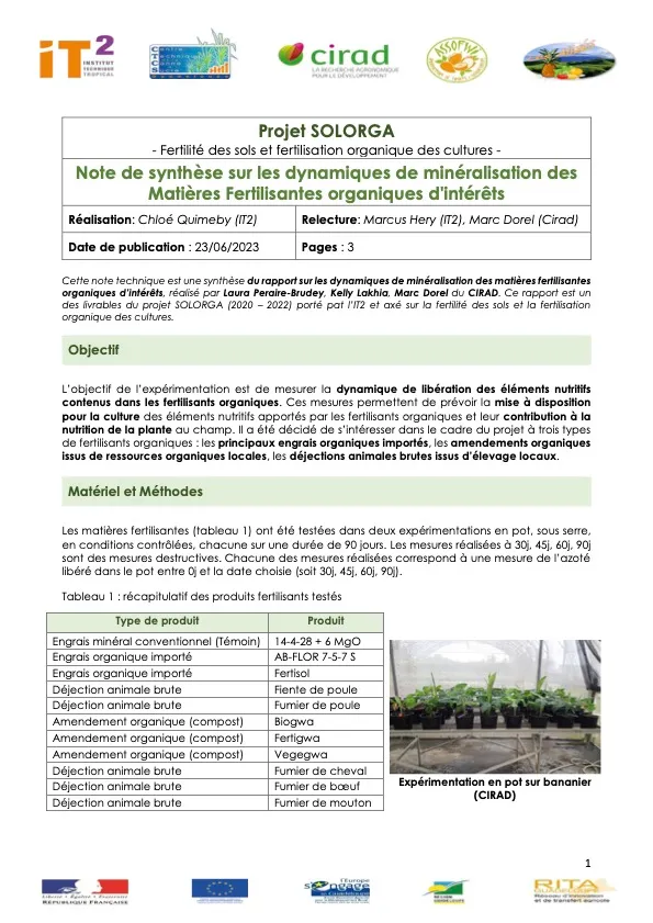 Note de synthèse sur les dynamiques de minéralisation des Matières Fertilisantes organiques d’intérêts (NT_IT2_2023_Dynamique-Mineralisation-MFO-971)